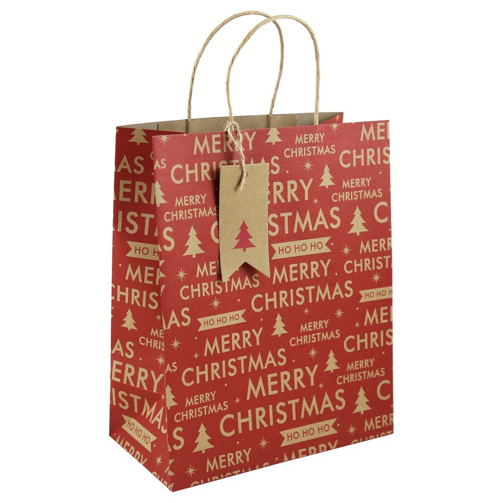 Eurowrap Red Merry Xmas Kraft Text Gift Bag – Christmas and Holiday Wrapping, Seasonal Packaging for Presents, Festive Gifting, Holiday Celebration, and Perfect Christmas Gift Presentation - size LARGE