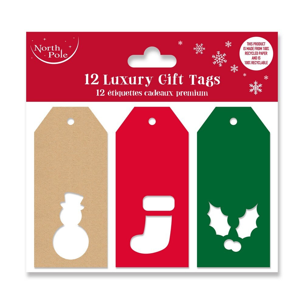 Eurowrap 12-Piece Die-Cut Traditional Christmas Gift Tags – Festive Holiday Tags for Presents, Christmas Party Favors, Seasonal Gifting, Holiday Celebration, and Gift Personalization