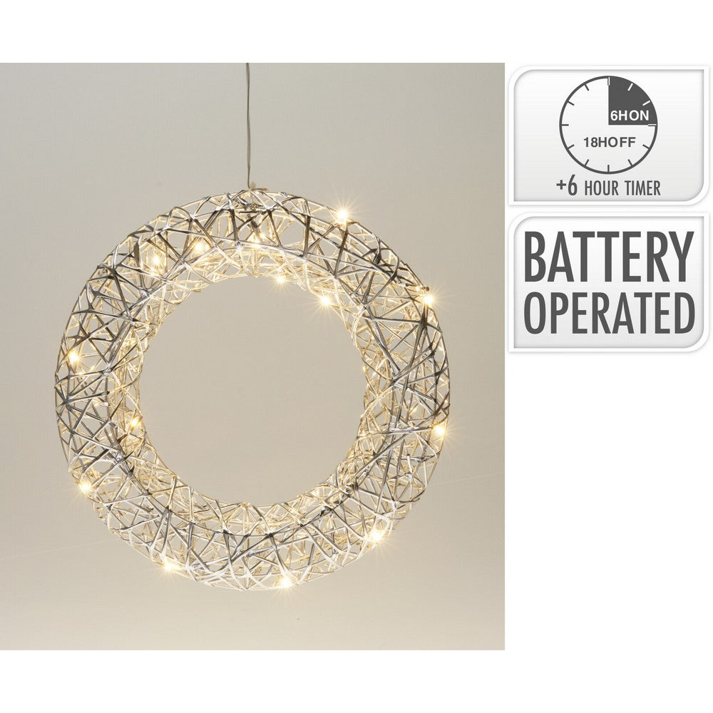 Koopman Christmas Wreath – 30cm Silver with LED Lights, Holiday Seasonal Decoration for Door, Wall, Home & Festive Xmas Display