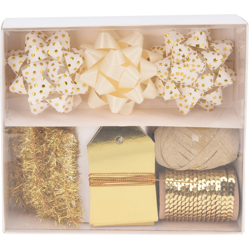 Koopman Bow and Ribbon Set 10 pcs – White & Gold Christmas Holiday Gift Wrapping, Festive Seasonal Decorations, Xmas Presents, Holiday Party Supplies