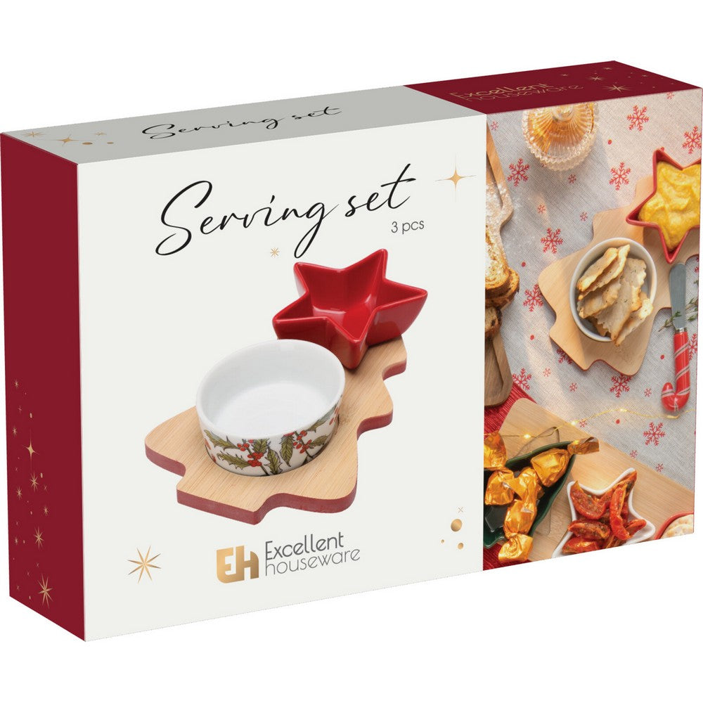 Koopman 3-Piece Bamboo Serving Set – Christmas Holiday Tableware, Festive Seasonal Plates & Bowls, Xmas Eco-Friendly Kitchen & Dining Decor, Holiday Entertaining Essentials