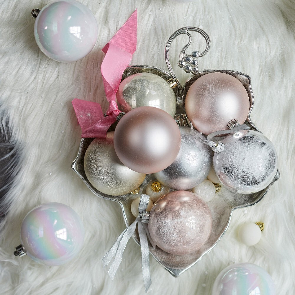 Kaemingk Xmas Baubles Set Pearl Polystyrene Shiny, Matt & Glitter Mix, Xmas Tree Decorations