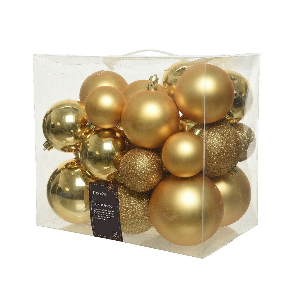 Kaemingk Xmas Baubles Set Gold Polystyrene Shiny, Matt & Glitter Mix, Xmas Tree Decorations
