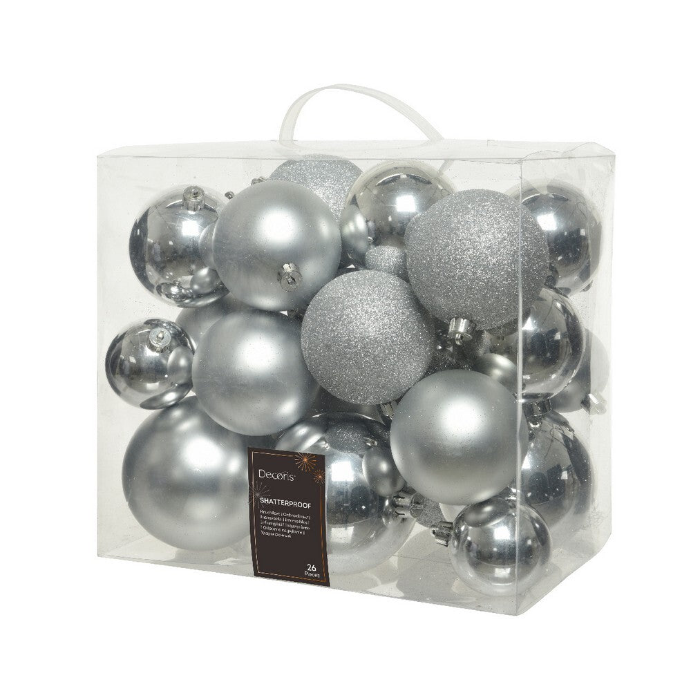Kaemingk Xmas Baubles Set Silver Polystyrene Shiny, Matt & Glitter Mix, Xmas Tree Decorations