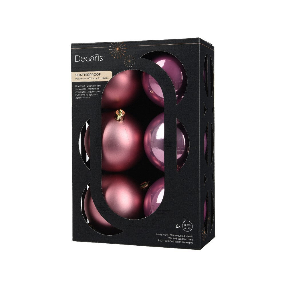 Kaemingk Baubles Polystyrene Shiny & Matt Vintage Pink Xmas Balls, Lightweight Plastic Christmas for Xmas Tree & Festive Decorations, 6 Piece Set (8cm)