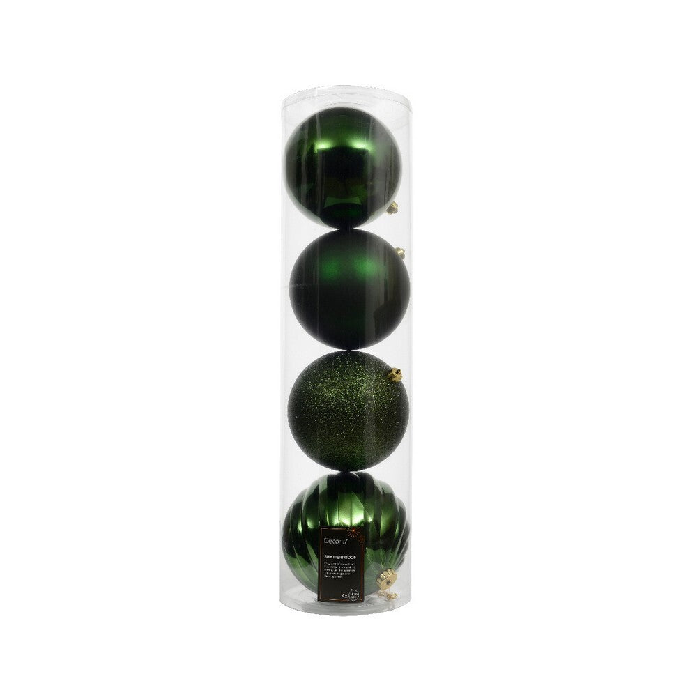 Kaemingk Pine Green Christmas Baubles Polystyrene Ornaments Mix of Glossy, Matte & Shiny for Indoor & Outdoor Xmas Tree Decoration– 4 Pack 14cm