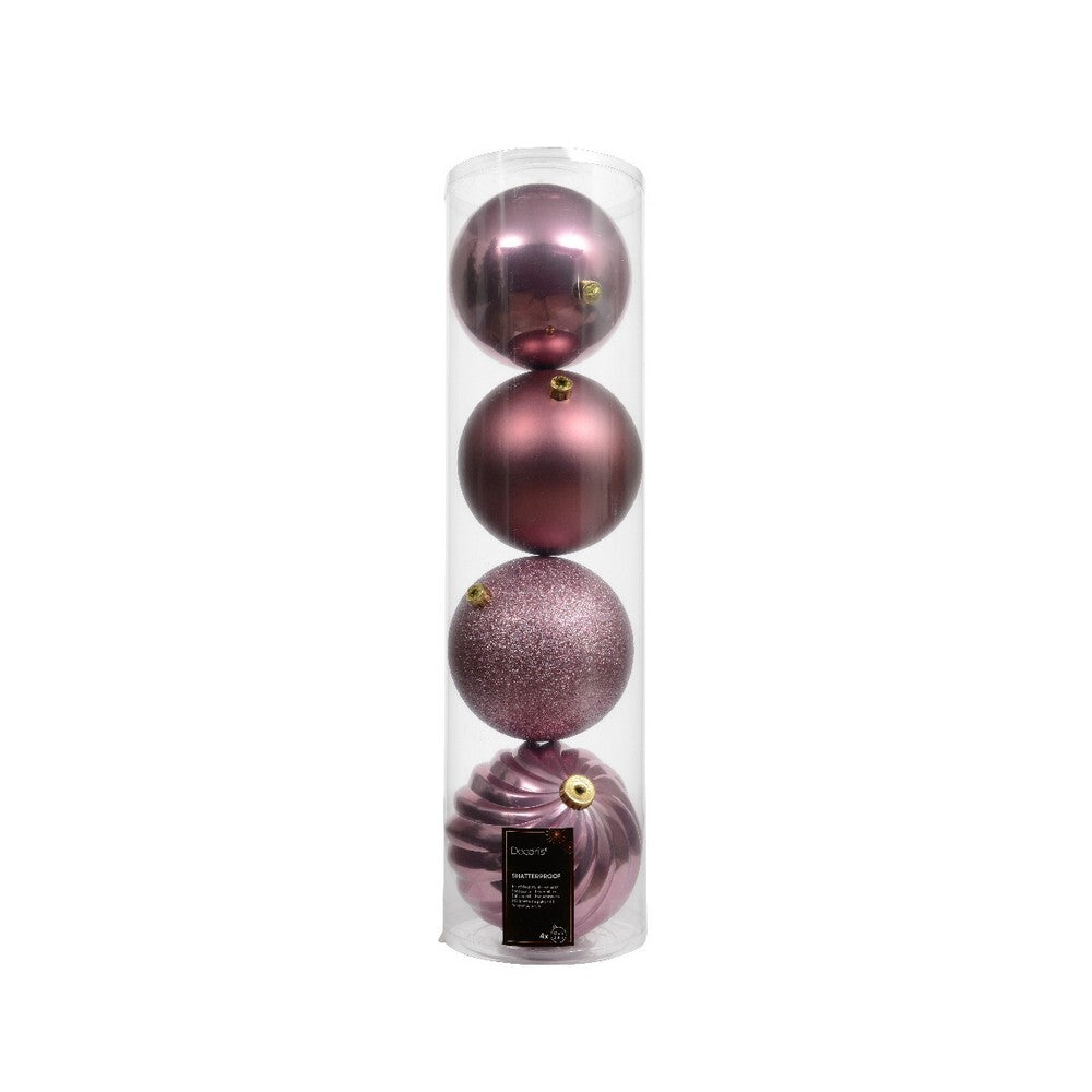 Kaemingk Vintage Pink Christmas Baubles Polystyrene Ornaments Mix of Glossy, Matte & Shiny for Indoor & Outdoor Xmas Tree Decoration Balls– 4 Pack 14cm