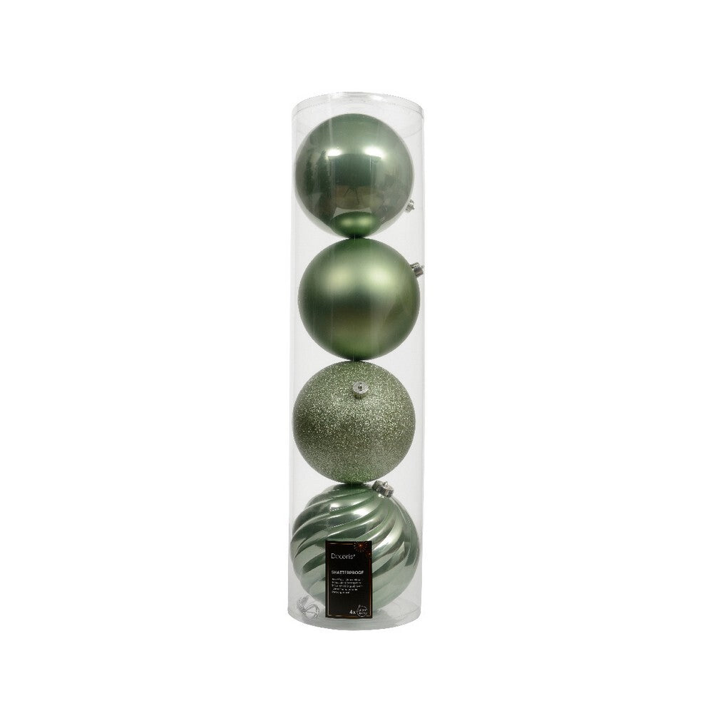 Kaemingk Matcha Green Christmas Baubles Polystyrene Ornaments Mix of Glossy, Matte & Shiny for Indoor & Outdoor Xmas Tree Decoration Balls– 4 Pack 14cm