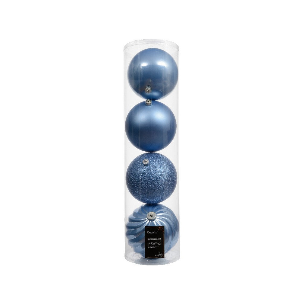 Kaemingk Sky Blue Christmas Baubles Polystyrene Ornaments Mix of Glossy, Matte & Shiny for Indoor & Outdoor Xmas Tree Decoration Balls– 4 Pack 14cm