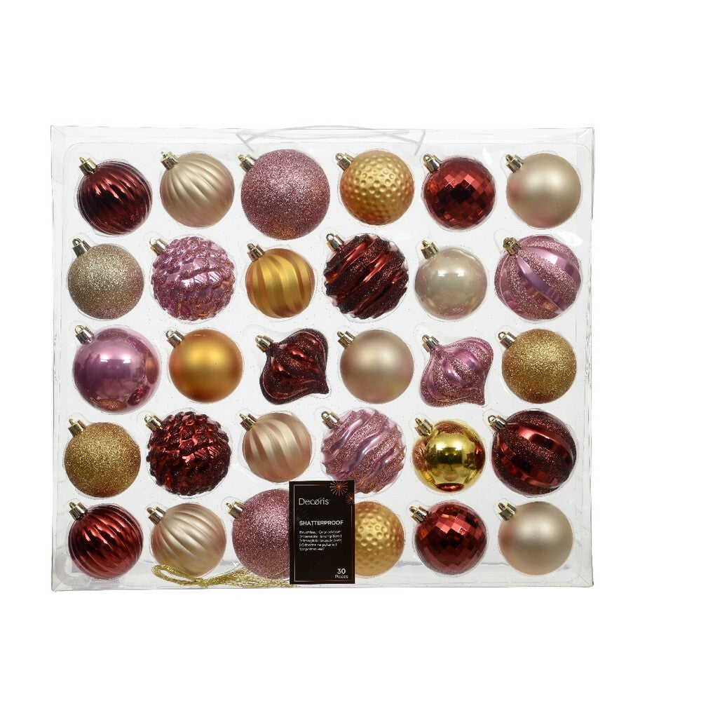 Kaemingk Pink Christmas Baubles Mixbox, Polystyrene Ornaments in Shiny, Matte & Glitter for Indoor & Outdoor Xmas Tree Decoration Balls- 30 Piece Pack 7Cm