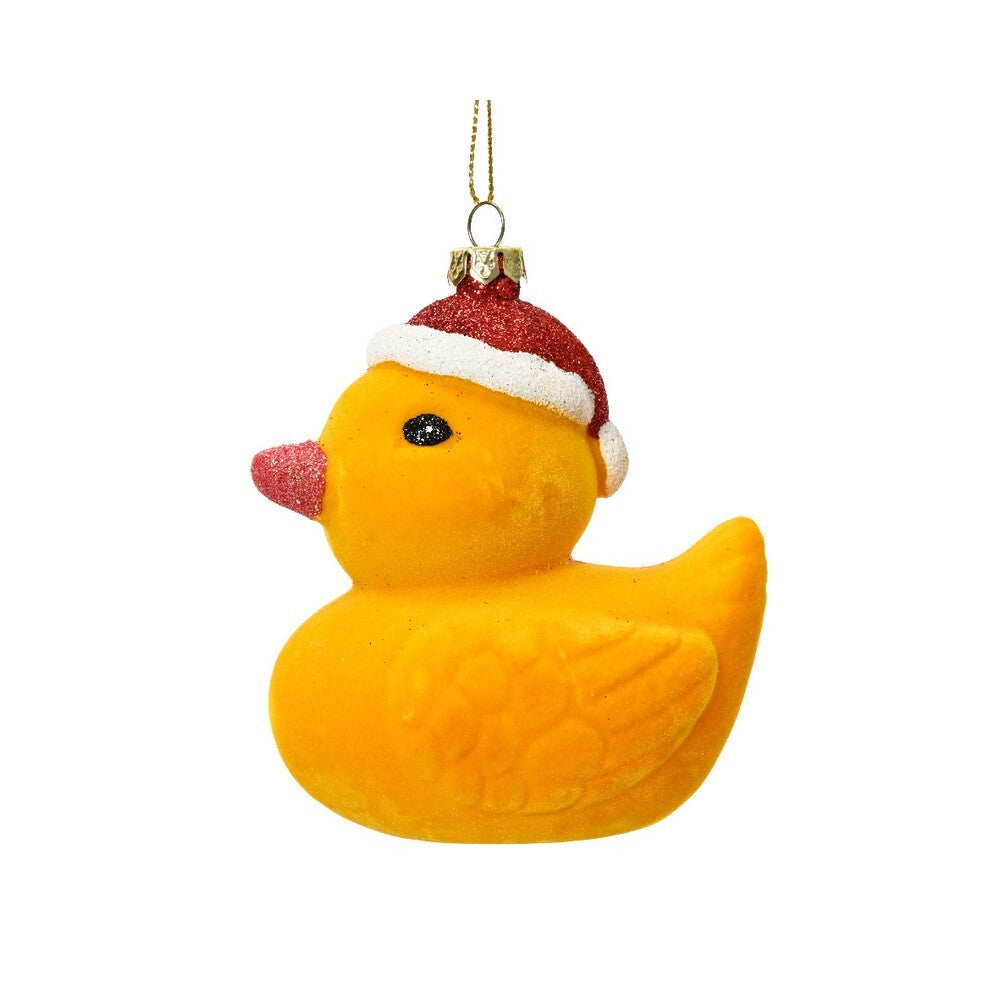 Kaemingk Christmas Duck Ornament Plastic with Flock Finish, Glitter Hat, Mouth & Nose Decoration for Indoor & Outdoor Tree Décor