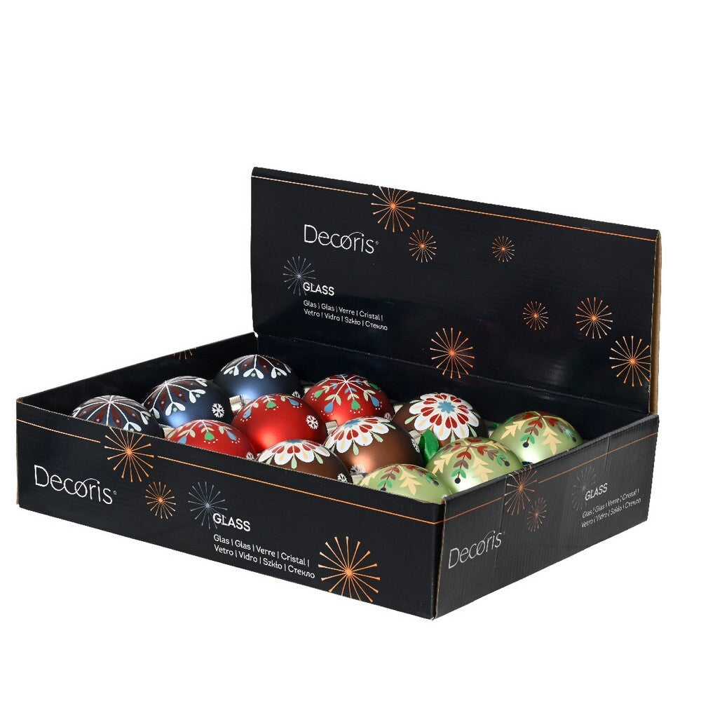 Kaemingk Glass Christmas Bauble Matte Ornament with Folk Print & Snowflakes for Indoor & Outdoor Tree Decoration– 8cm, 1-Piece