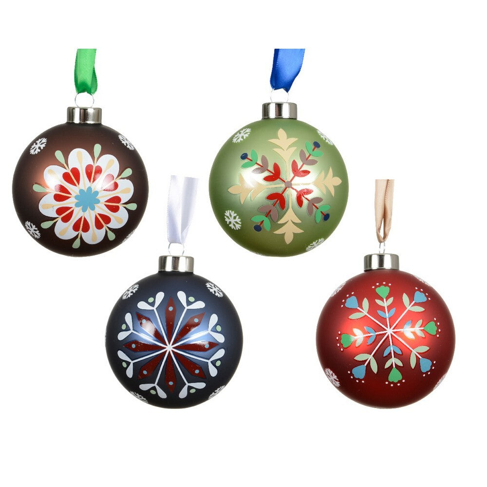 Kaemingk Glass Christmas Bauble Matte Ornament with Folk Print & Snowflakes for Indoor & Outdoor Tree Decoration– 8cm, 1-Piece