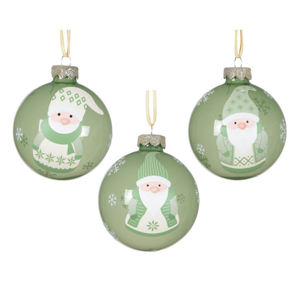 Kaemingk Rosemary Green Glass Christmas Bauble Ornament with Gnome Decal for Indoor & Outdoor Tree Decoration– 8cm, 1-Piece Assorted