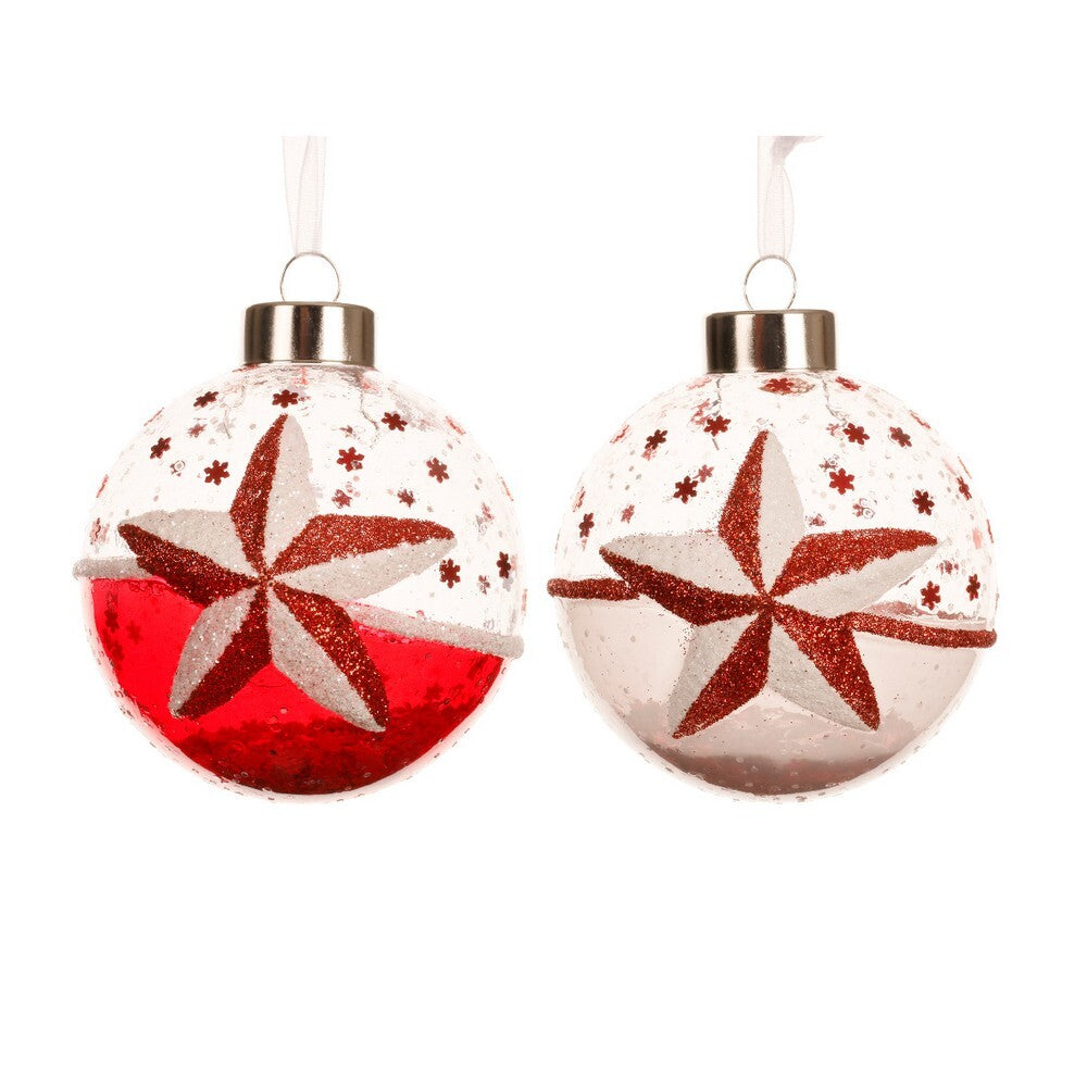 Kaemingk Transparent Glass Christmas Bauble Ornament with White & Red Star Design for Indoor & Outdoor Tree Decoration – 8cm, 1-Piece Assorted