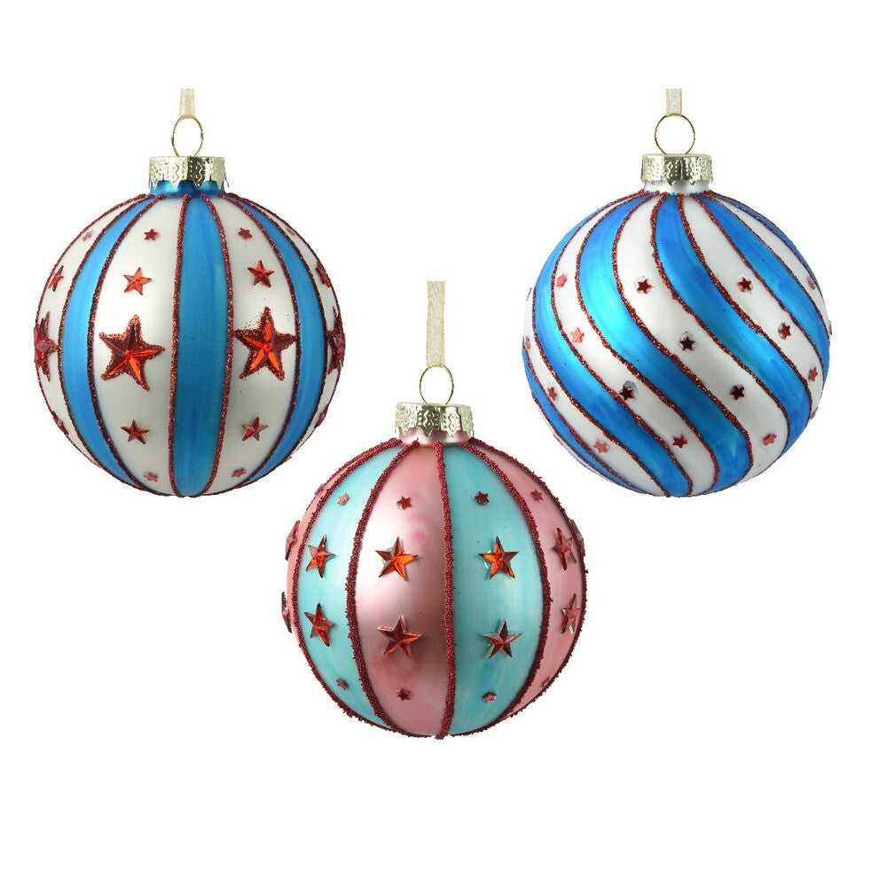 Kaemingk Glass Christmas Bauble Ornament with Star Spangle Design for Indoor & Outdoor Tree Decoration – 8cm, 1-Piece Assorted