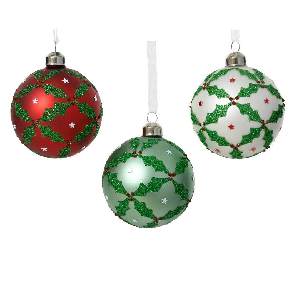 Kaemingk Glass Christmas Bauble Silver Inside Ornament with Leaf Design & Gems for Indoor & Outdoor Tree Decoration– 8cm, 1-Piece Assorted