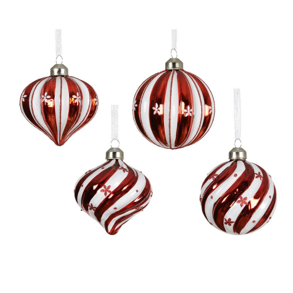 Kaemingk Red & White Glass Christmas Bauble  Silver Inside Ornament with Glitter & Gems for Indoor & Outdoor Tree Decoration– 8cm, 1-Piece Assorted