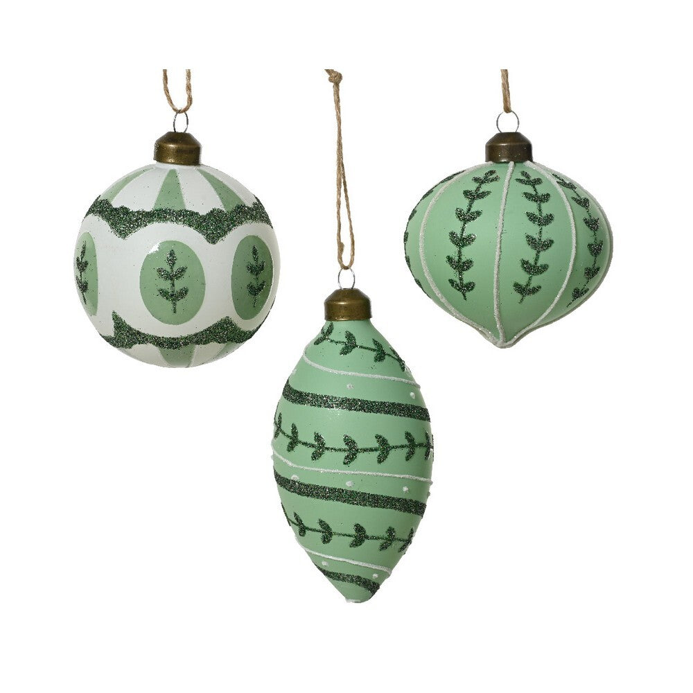 Kaemingk Green Glass Christmas Bauble Opaque Ornament with Leaf Design for Indoor & Outdoor Tree Decoration– 8cm, 1-Piece Assorted