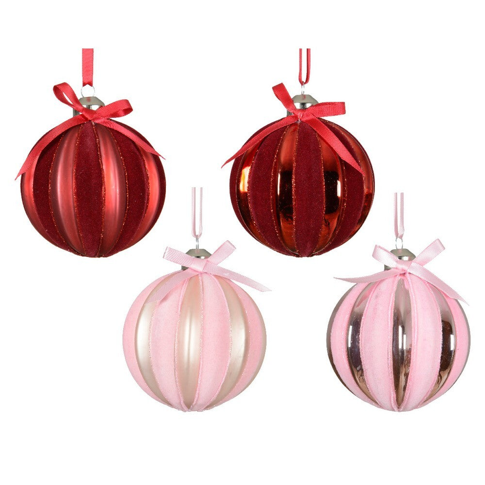 Kaemingk Glass Christmas Bauble Shiny & Matte Ornament with Red-Pink Bow on Top for Indoor & Outdoor Tree Decoration– 8cm, 1-Piece Assorted