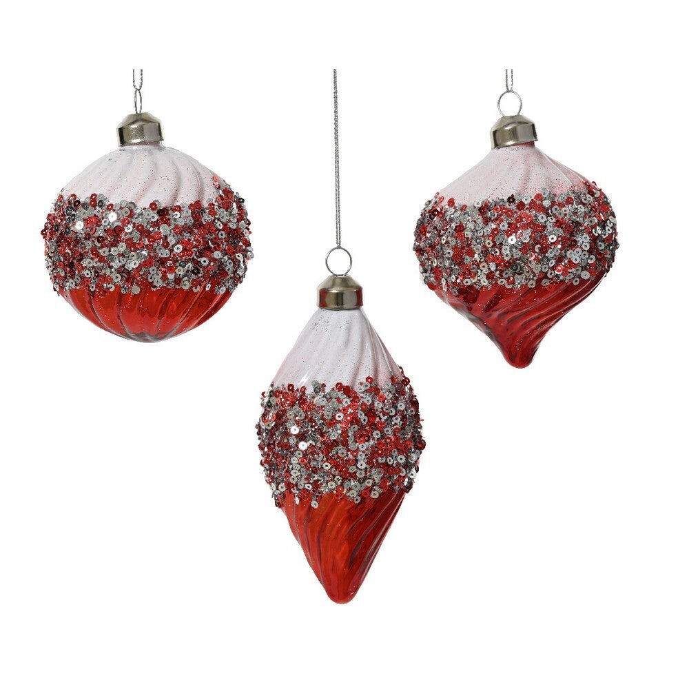Kaemingk Red & White Glass Christmas Bauble Shiny Ornament with Spangles in Middle for Indoor & Outdoor Tree Decoration – 8cm, 1-Piece Assorted