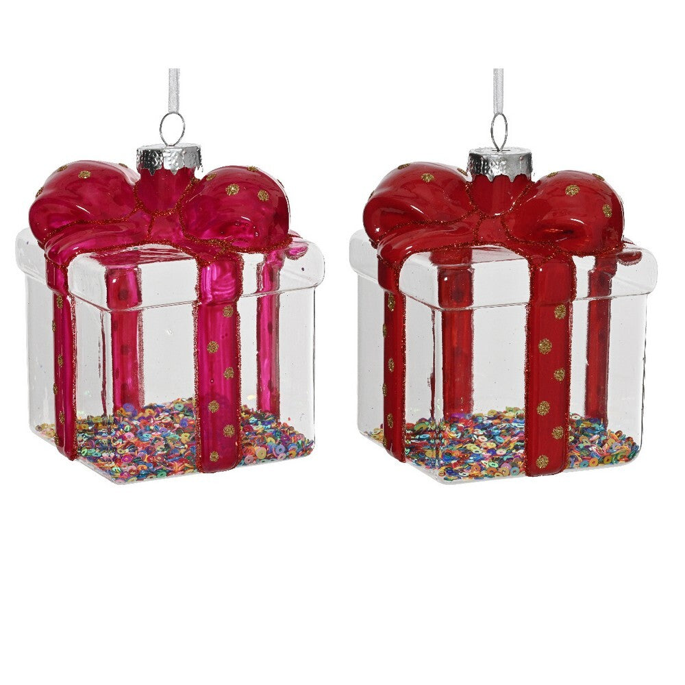 Kaemingk Glass Christmas Gift Box Ornament  Transparent with Glitter Lines, Dots & Colorful Spangles Inside, 1-Piece Assorted Decoration
