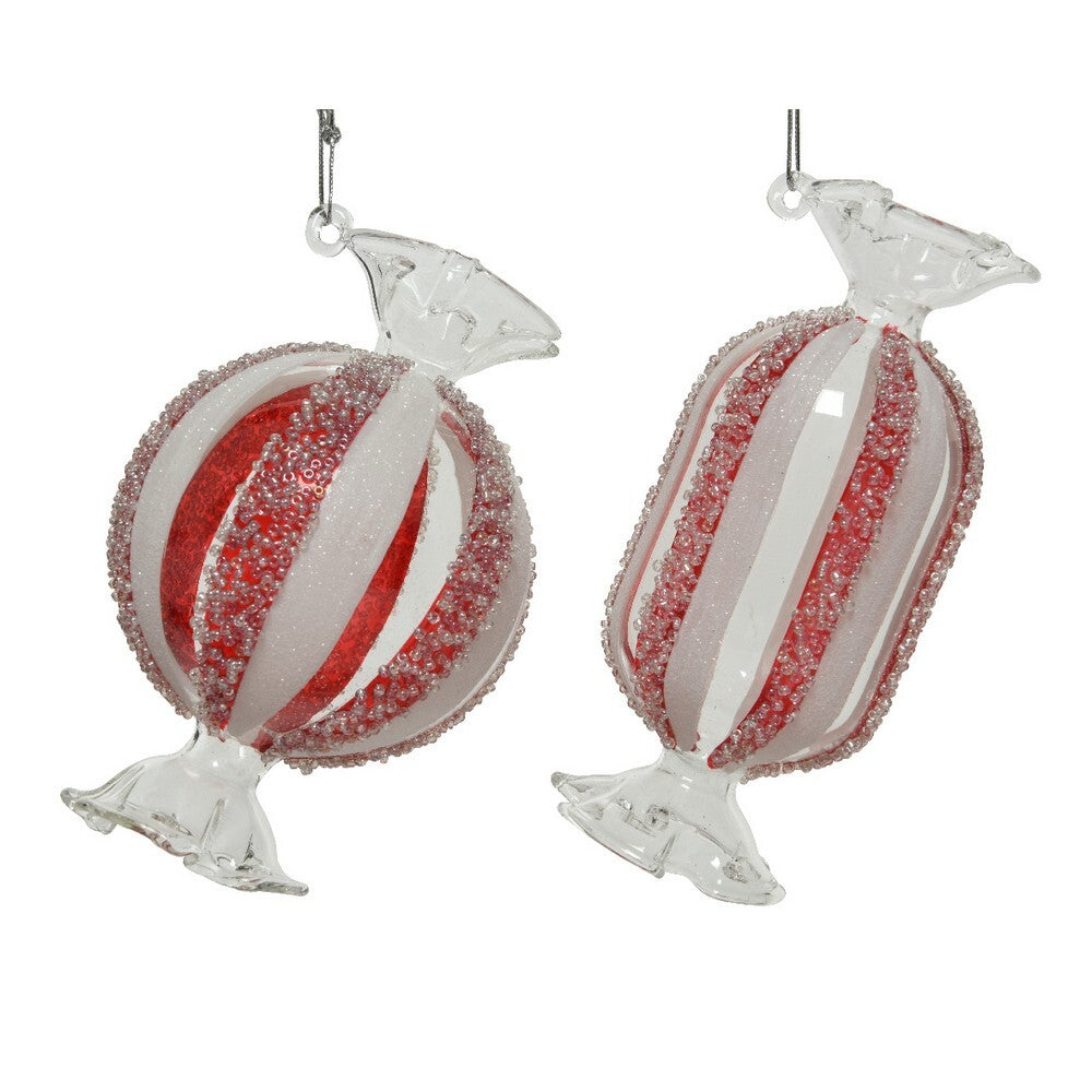 Kaemingk Clear & Red Glass Christmas Candy Ornament Decoration with Glitter & Clear Beads for Indoor & Outdoor Tree Decoration – 12.8cm