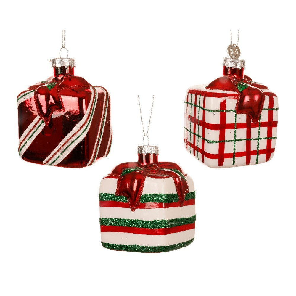 Kaemingk Glass Christmas Gift Box Ornament  Transparent with Thin & Thick Stripes for Indoor & Outdoor Tree Decoration, 1-Piece Assorted