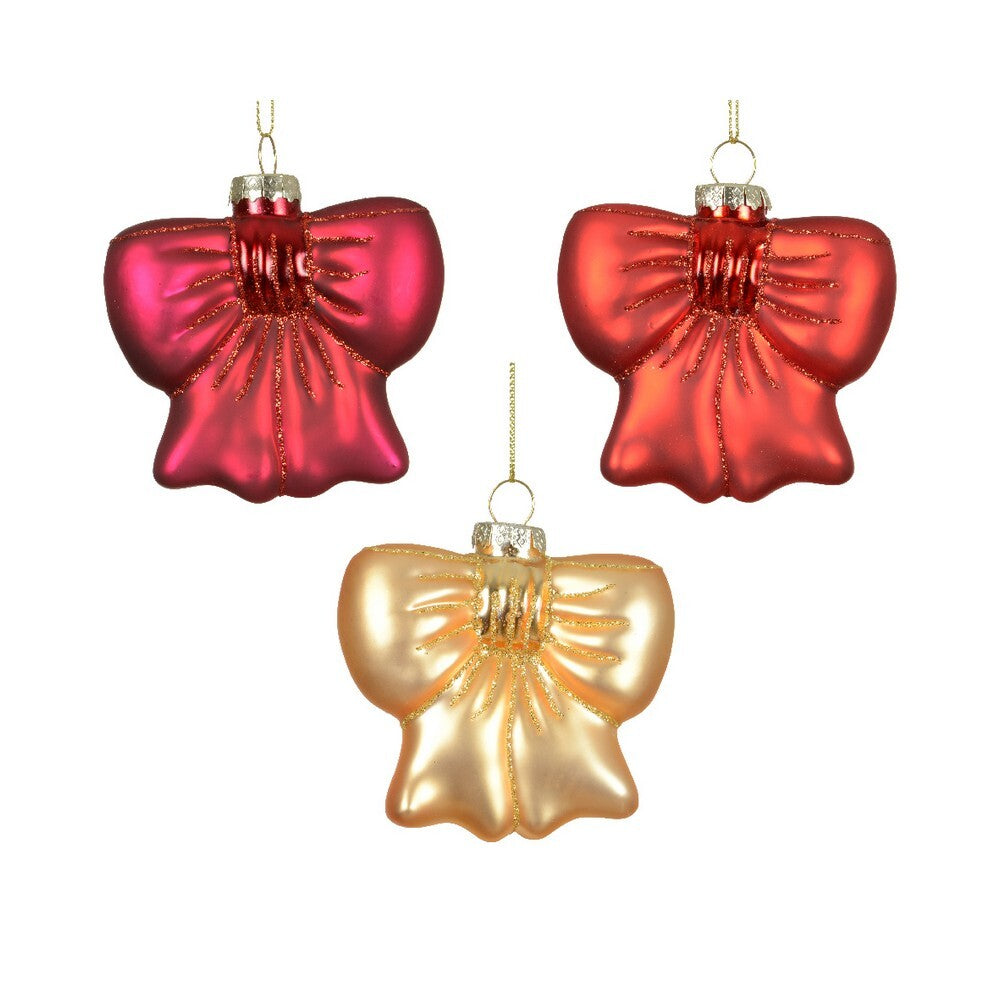 Kaemingk Glass Christmas Bow Matte Ornament with Glitter for Indoor & Outdoor Tree Decoration– 8.5cm, 1-Piece Assorted