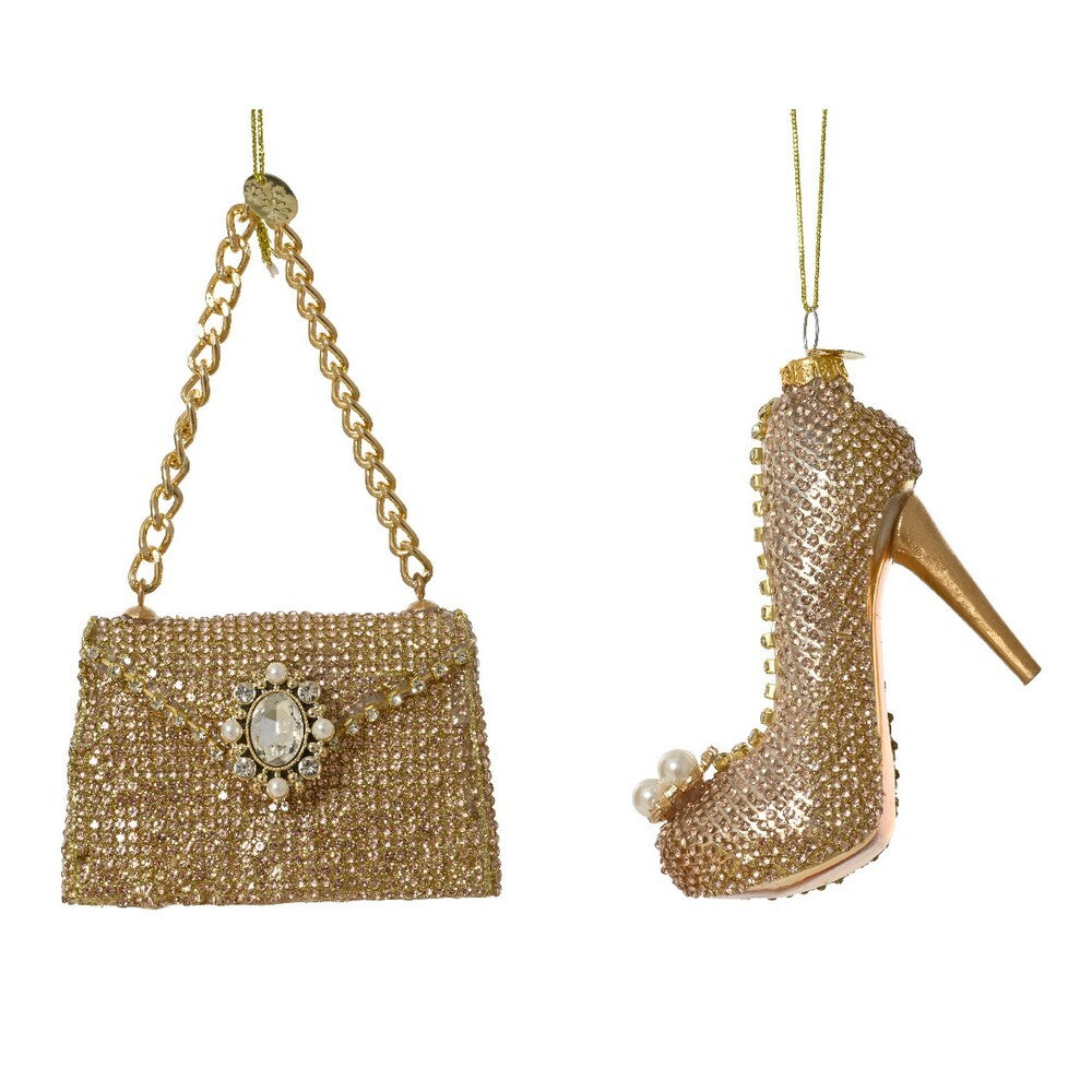 Kaemingk Glass Handbag & Shoe Christmas Ornament with Gold Diamond Detailing for Indoor & Outdoor Tree Decoration– 6.7cm, 1-Piece Assorted