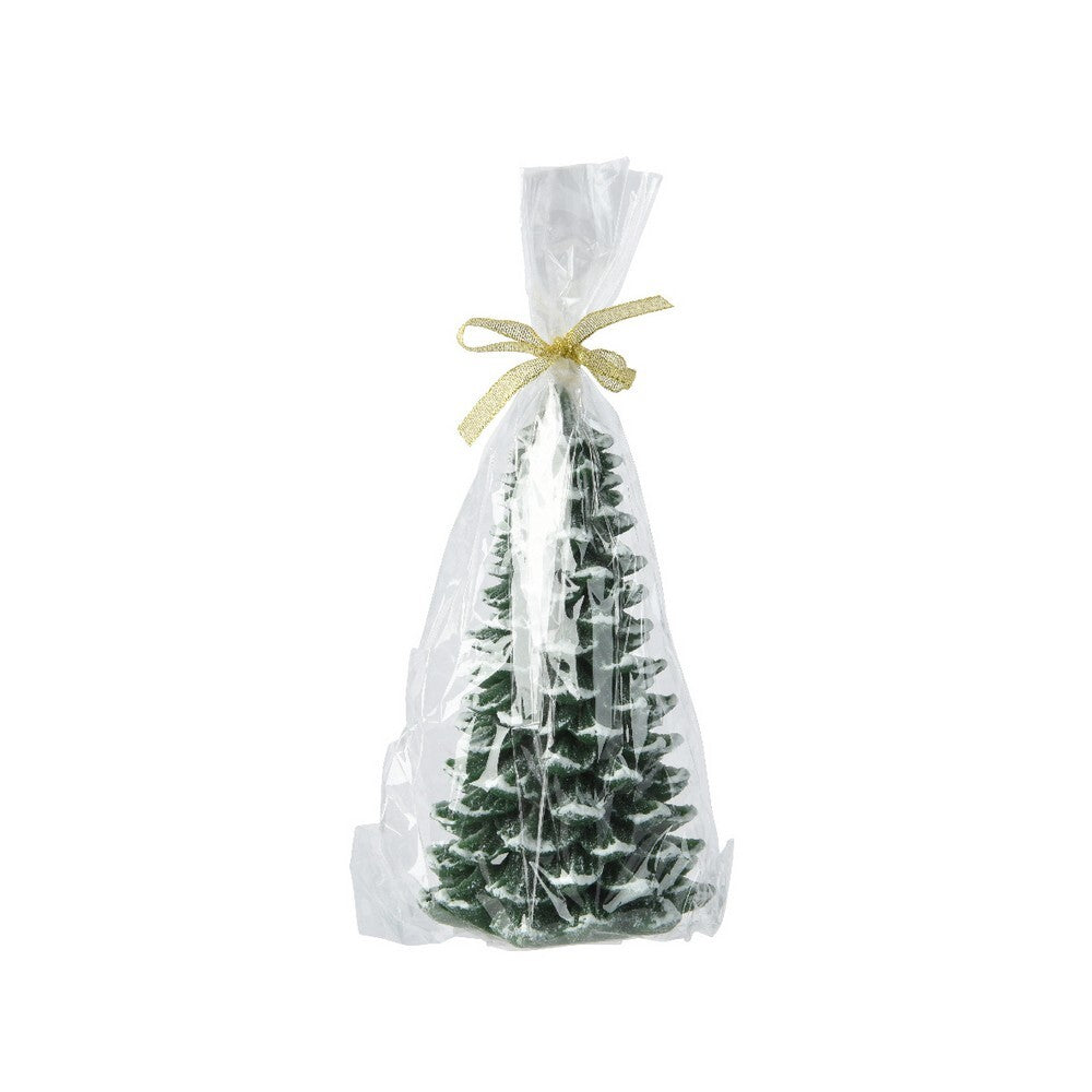 Kaemingk Green Paraffin Christmas Tree Candle with Snow Finish for Table & Holiday Decoration, Indoor Décor– 21cm