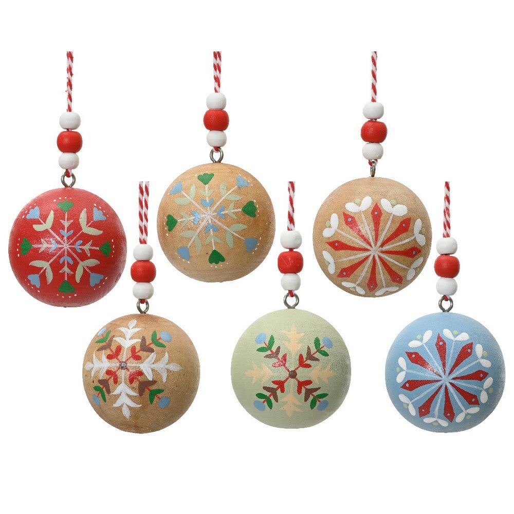 Kaemingk Pinewood Christmas Ball Ornament with Flower Print for Indoor & Outdoor Tree Decoration– 5cm, 1-Piece Assorted