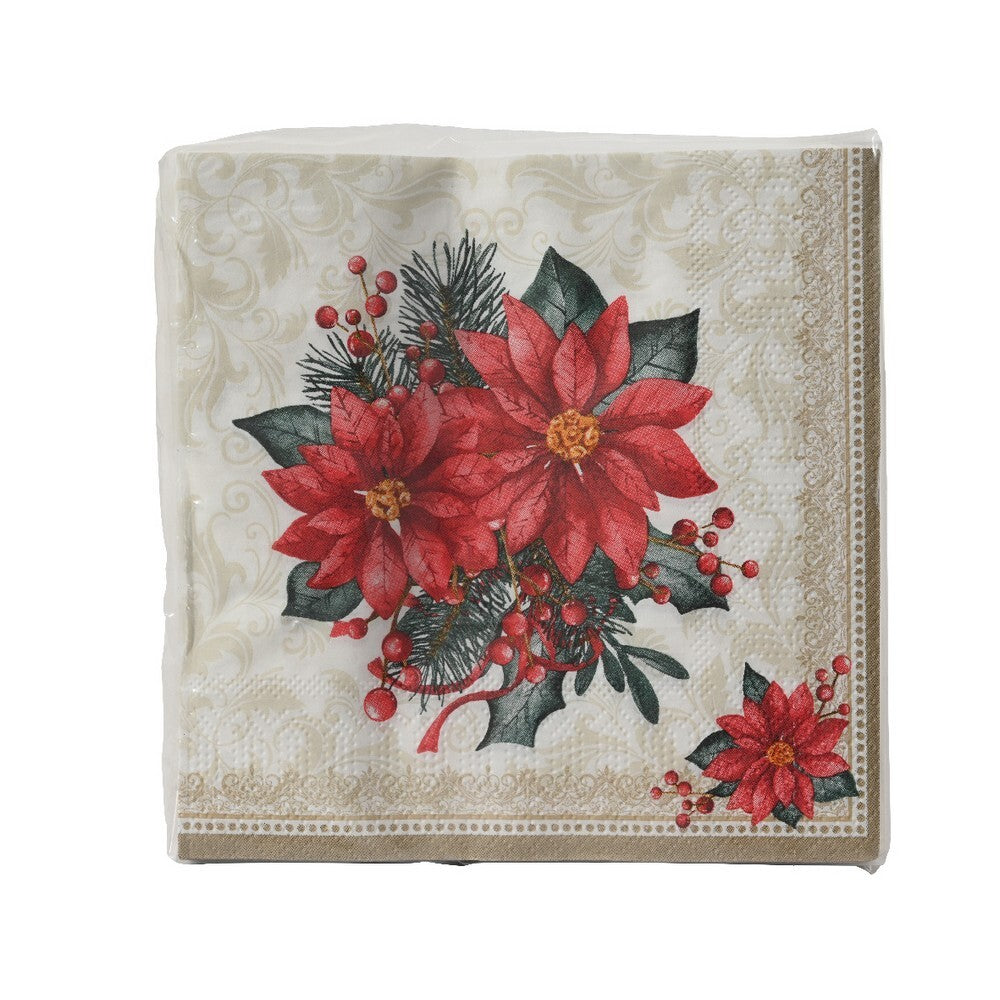 Kaemingk Paper Napkins with Poinsettia Print for Christmas Table & Holiday Party Decoration– 1 Pack