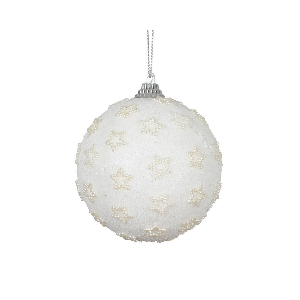 Kaemingk Foam Christmas Bauble with Beads & Pearl Star – Winter White Ornament, for Tree & Holiday Decoration, 8cm 1-Piece