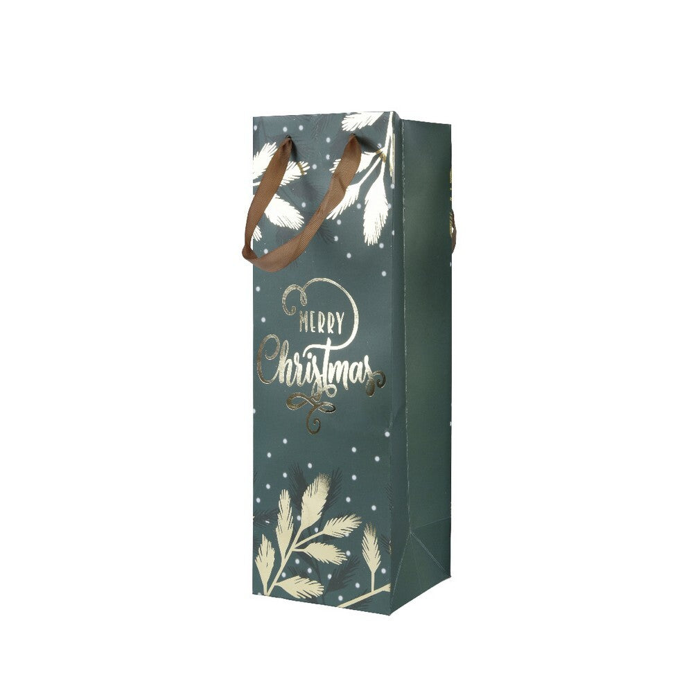 Kaemingk Paper Gift Bag – Rectangle Bottle Green with Glitter Text, Leaf Design & Handle for Christmas, Holiday & Special Occasion Gifting