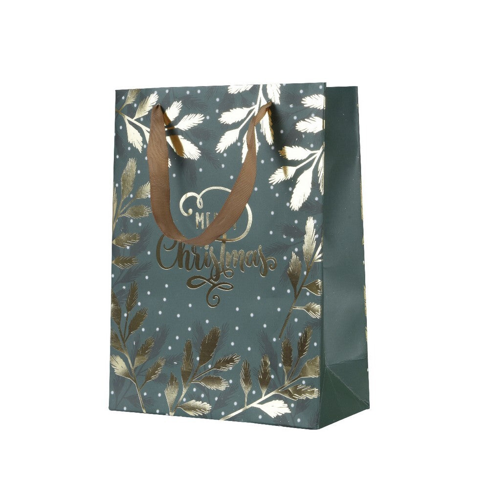 Kaemingk Small Paper Gift Bag – Rectangle Green with Glitter Text & Leaf Design, Handle for Christmas, Holiday & Special Occasion Gifting