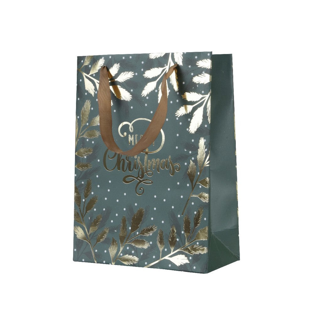 Kaemingk Medium Rectangle Paper Gift Bag – Green with Glitter Lettering, Leaf Pattern & Handle, Perfect for Christmas, Birthday & Holiday Gifting