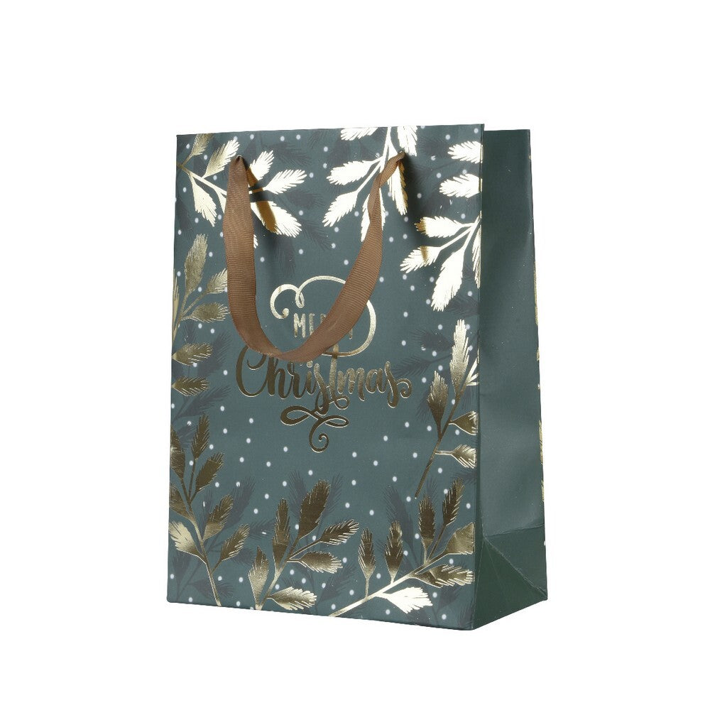 Kaemingk Large Paper Gift Bag – Rectangle Green with Glitter Text & Leaf Design, Handle for Christmas, Holiday & Special Occasion Gifting