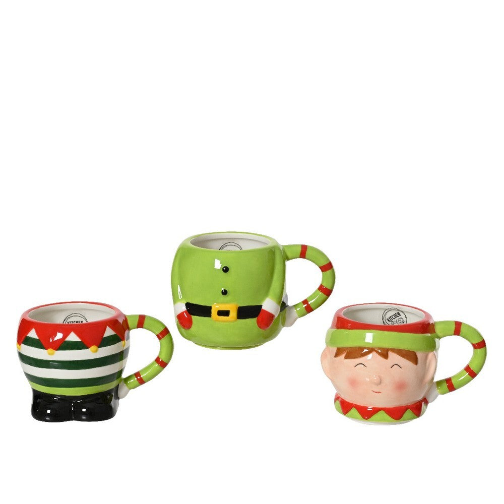 Kaemingk Dolomite Elf Mug Christmas Coffee & Tea Cups for Holiday Dining & Gifting, 3-Piece Set – Assorted