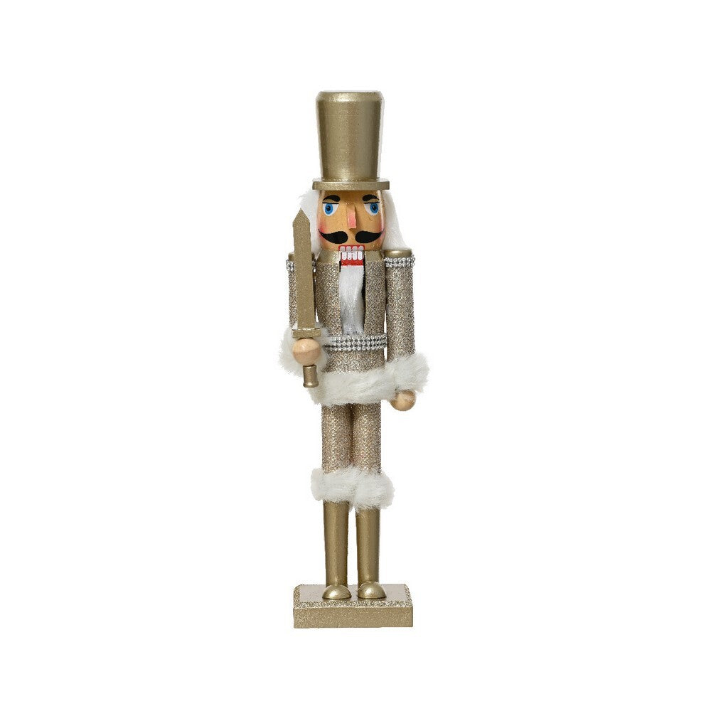 Kaemingk Pinewood Nutcracker Normal Body with Champagne Polyester Fabric Christmas Decoration for Tree, Shelf & Holiday Display– 38cm