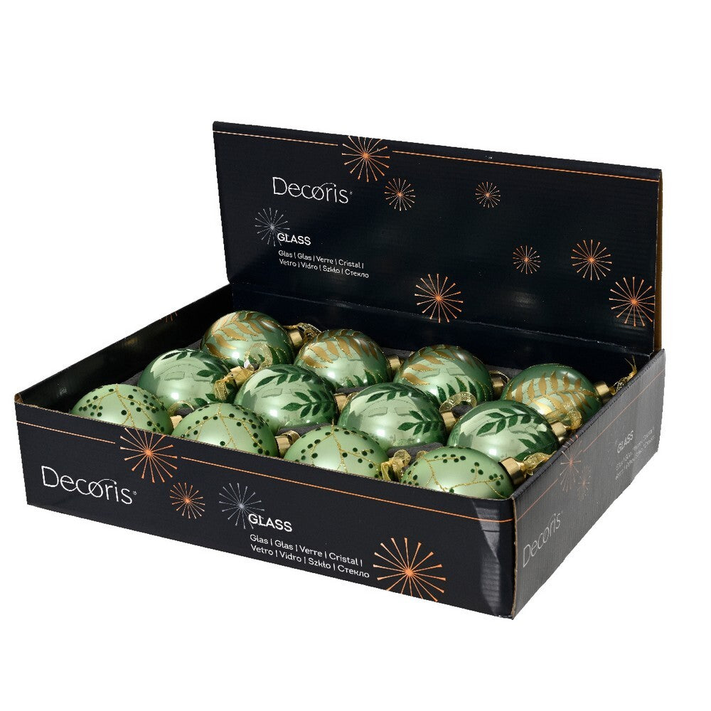 Kaemingk Glass Bauble – Matte Enamel with Leaves Painting, Matcha Green, 8cm Christmas Ornament, Tree Decoration, Holiday Décor ,1 Piece Assorted