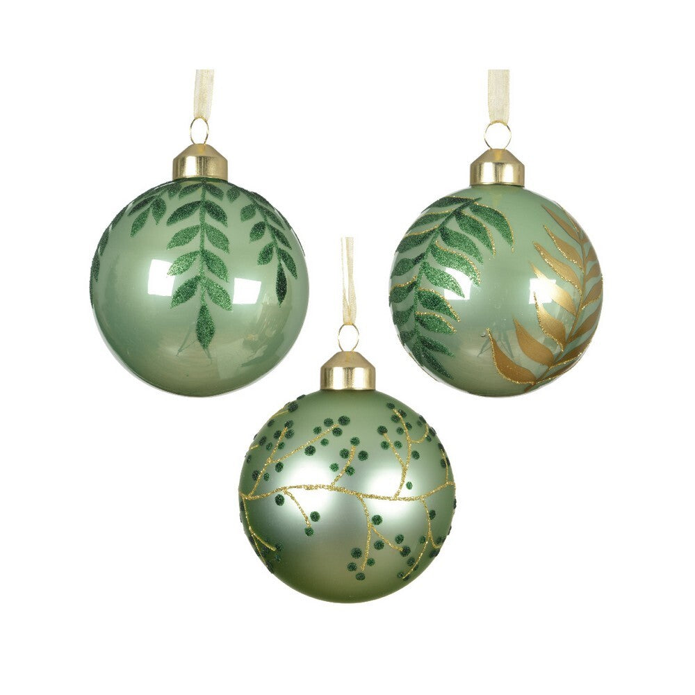 Kaemingk Glass Bauble – Matte Enamel with Leaves Painting, Matcha Green, 8cm Christmas Ornament, Tree Decoration, Holiday Décor ,1 Piece Assorted