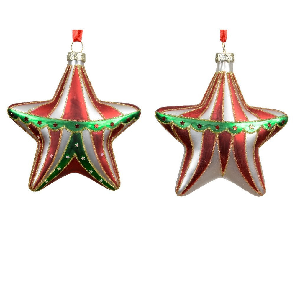 Kaemingk Glass Star Ornament – Red & Pearl with Star Spangles, Christmas Decoration, Tree Ornament, Holiday Festive Décor,1 Piece Assorted