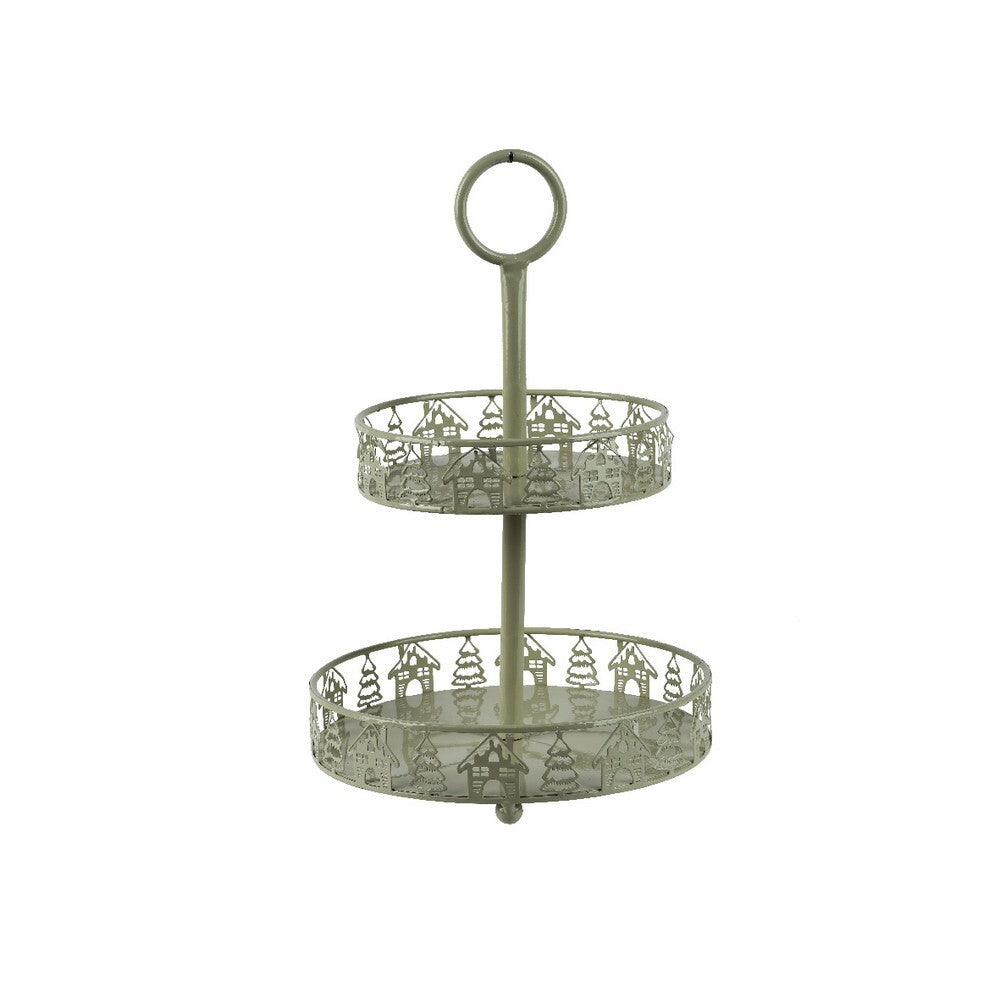 Kaemingk Iron Stand – Shiny House and Tree Scenery, Cream, 42cm Christmas Decoration, Holiday Ornament, Festive Home Décor