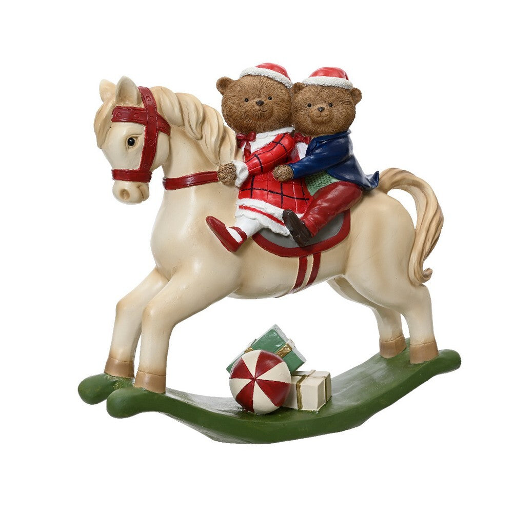 Kaemingk Bear – Polyresin Figurine with Rocking Horse, Christmas Decoration, Holiday , Festive Xmas Figurine, Indoor Home Décor