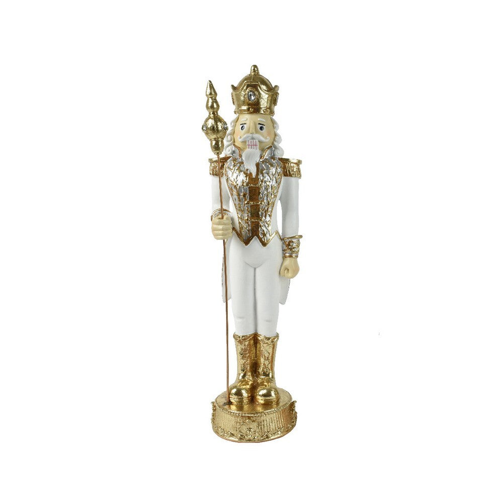 Kaemingk Nutcracker – Polyresin Figure, White & Gold, 38.4cm Christmas Decoration, Holiday , Festive Xmas Figurine, Indoor Home Décor