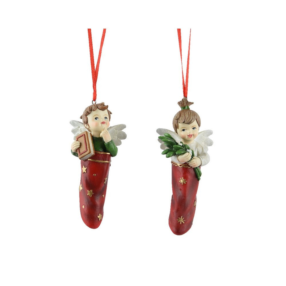 Kaemingk Angel on Stocking – Polyresin Christmas Decoration, Festive Xmas , Holiday Figurine, Indoor Home Décor, Seasonal Tabletop Display