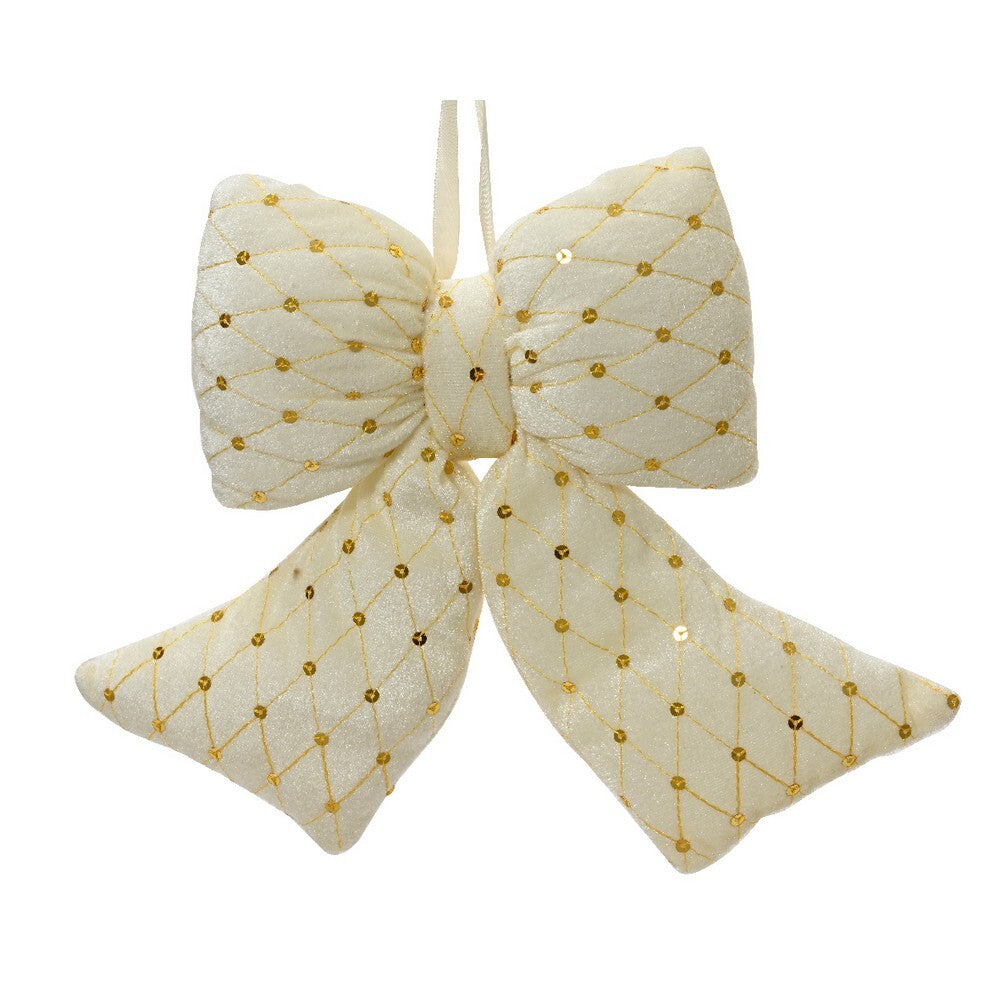 Kaemingk Bow – Polyester Velvet with Gold Spangles, Christmas Decoration, Festive Xmas Ornament, Holiday Tree Accessory, Indoor Home Décor, Ivory, 21cm