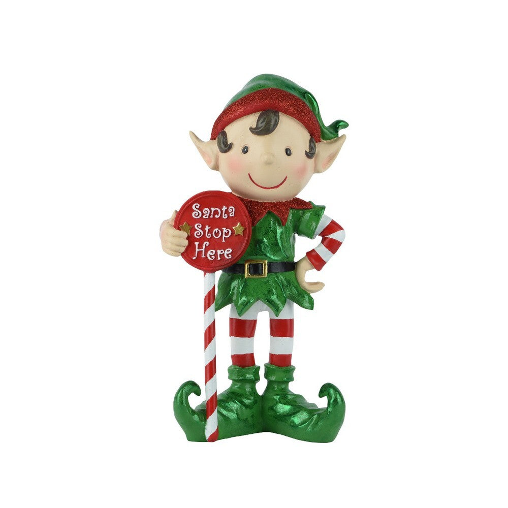Kaemingk Elf – Polyresin Figurine with ‘Elf Stop Here’ Sign, Christmas Decoration, Festive Xmas, Holiday Figurine, Indoor Home Décor, Tabletop Display