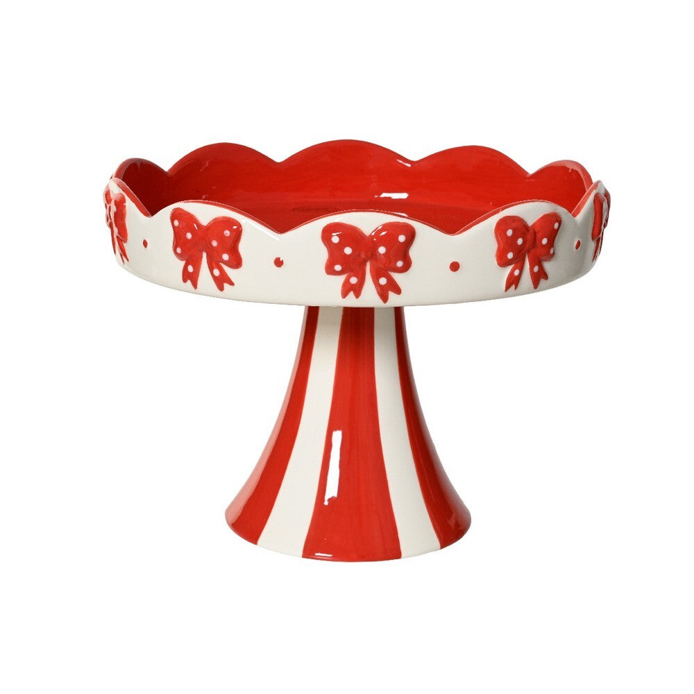 Kaemingk Cake Stand – Dolomite with Red & White Bows, Christmas Table Decoration, Festive Holiday Serveware, Xmas Dessert Display Stand, Kitchen & Dining Décor